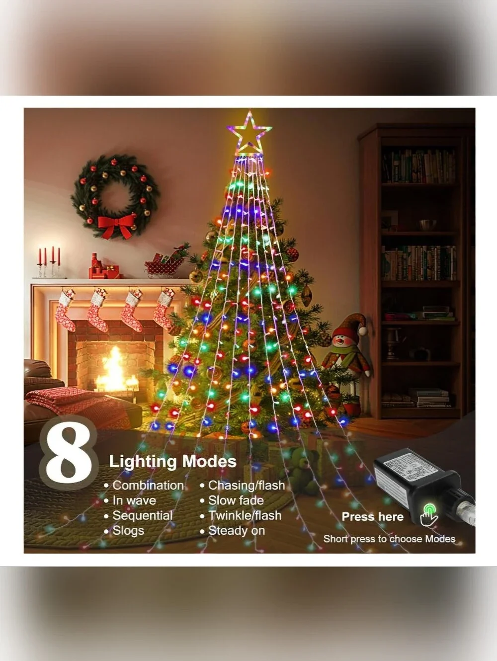 Outdoor Christmas Decorations, 320 LED Waterfall String Lights, 8 Light Modes